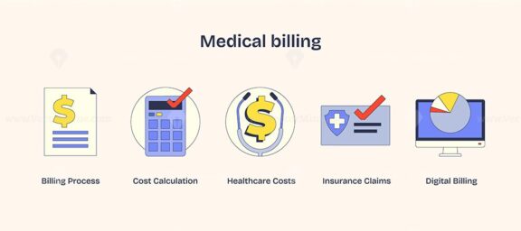 Medical billing icons with calculator, document, and computer, conveying financial processes. Neubrutalism style