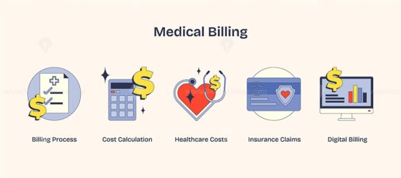 Medical billing involves billing process, cost calculation, and insurance claims. Neubrutalism style