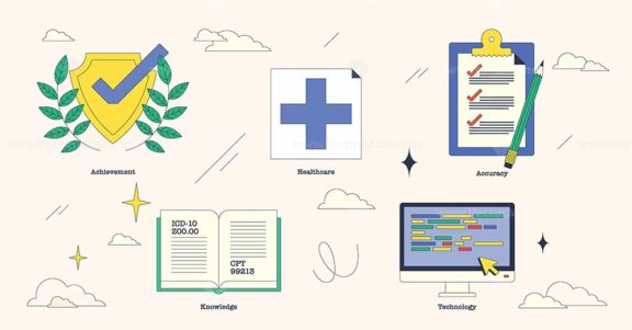 Illustration depicting medical coding certification elements like a shield, cross, and computer in neubrutalism style collection.