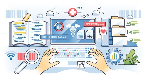 Medical coding training and healthcare billing studies outline hands concept