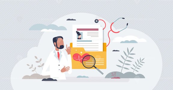 Medical history and record information about patient tiny person concept