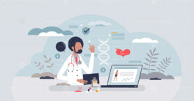 Medical technology and modern software for diagnosis tiny person concept