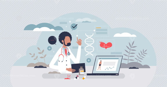 Medical technology and modern software for diagnosis tiny person concept