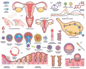 Menstrual cycle and reproductive hormones are illustrated with uterus, ovary, and hormone graphs showing key biological processes. Outline style worksheet collection