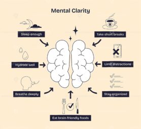 Mental clarity is shown by a brain with arrows pointing to habits like sleep, hydration, and limiting distractions. Doodle style diagram