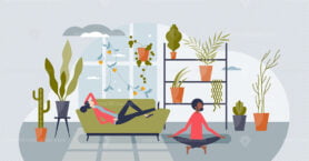 Mental peace and body relaxation at home for couple tiny person concept