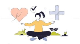 Mental wellbeing is shown by a person meditating, surrounded by a heart, checkmark, and plus sign. Doodle style