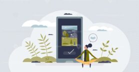 Mental wellness apps and meditation software for phone tiny person concept