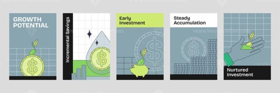 Micro-investing poster shows growth with coins, graphs, and a piggy bank. Neubrutalism style
