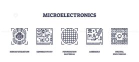 Microelectronics icons depict miniaturization, connectivity, and digital processing. Outline icons set