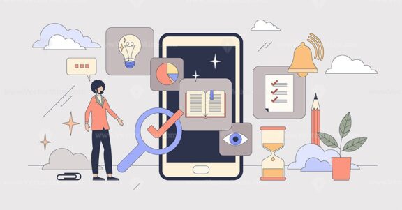 Microlearning education with fast web course tiny person neubrutalism concept