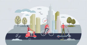 Micromobility as sustainable urban transportation type tiny person concept
