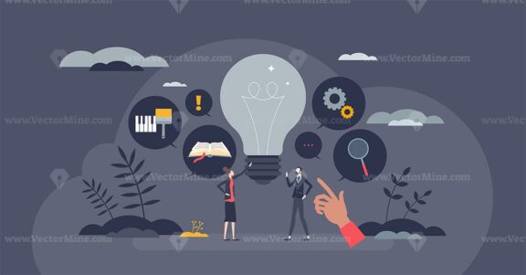 Mind mapping and creative thinking strategy for new ideas tiny person concept