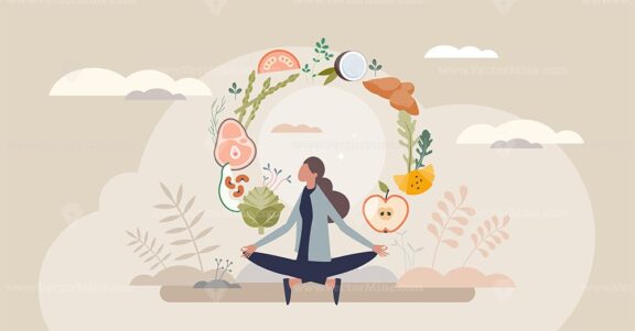 Mindful eating involves balance and awareness, symbolized by meditation and healthy foods like fruits and vegetables. Tiny style