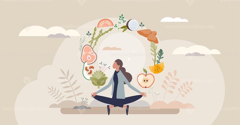 Mindful eating involves balance and awareness, symbolized by meditation and healthy foods like fruits and vegetables. Tiny style