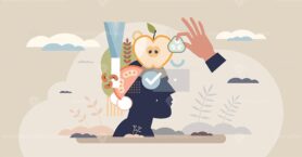 Mindful eating focuses on awareness and appreciation of food. Key objects, head silhouette, fruits, hand. Tiny style