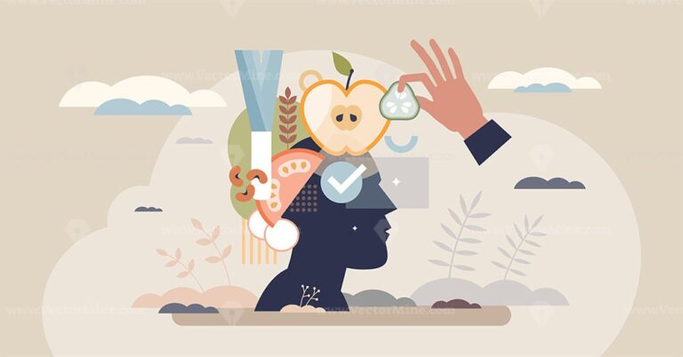 Mindful eating focuses on awareness and appreciation of food. Key objects, head silhouette, fruits, hand. Tiny style