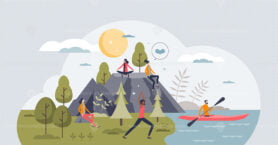 Mindfulness and active body training in nature for mental balance tiny person