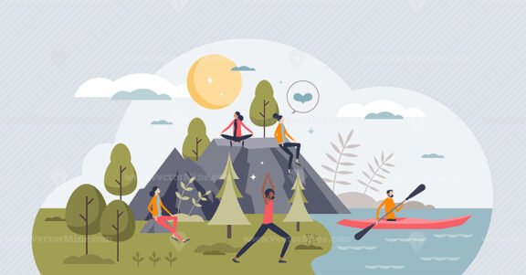 Mindfulness and active body training in nature for mental balance tiny person