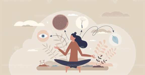 Mindfulness is depicted through meditation, nature, and calm symbols, emphasizing tranquility and focus. Tiny style