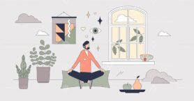 Mindfulness meditation and yoga activities tiny person neubrutalism concept