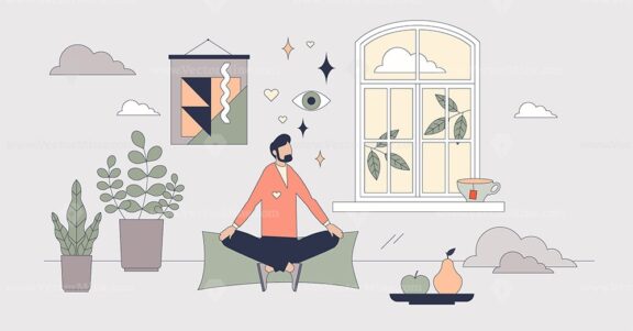 Mindfulness meditation and yoga activities tiny person neubrutalism concept