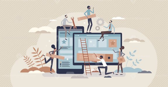 Mobile app development and application design coding tiny person concept