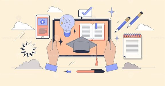 Modern education and digital learning tiny person neubrutalism concept