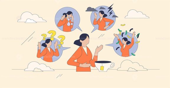 Mood change depicted through expressive illustrations with speech bubbles, featuring a woman, question marks, and a teacup. Neubrutalism style