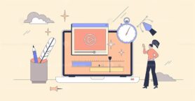 Motion graphics and movie editing software tiny person neubrutalism concept