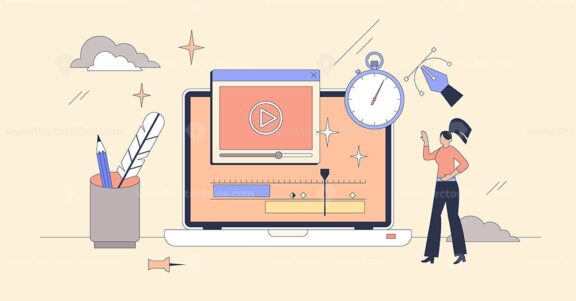 Motion graphics and movie editing software tiny person neubrutalism concept