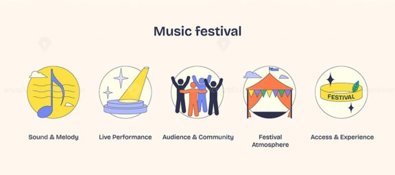 Music festival icons show sound, performance, community, atmosphere, and access. Neubrutalism style