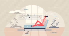 Music therapy and listening for psychological treatment tiny person concept