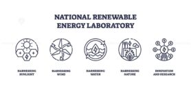 Renewable energy icons depict solar, wind, water, and innovation concepts. Outline icons set.