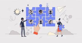 Networking as making business connections neubrutalism tiny person concept