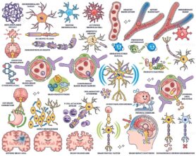 Neuropathology and brain health concepts are illustrated with neurons, brain cells, and synapses in a clear outline style. Outline style collection