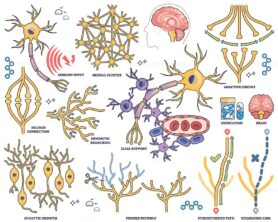 Neuroplasticity shows neuron connections, dendritic branching, and adaptive circuits illustrating brains ability to reorganize. Outline style collection