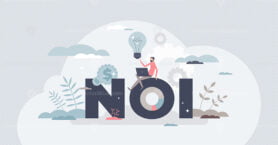 NOI, net operating income as calculation for real estate tiny person concept