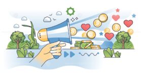 Nonprofit fundraising campaign with money gathering outline hands concept