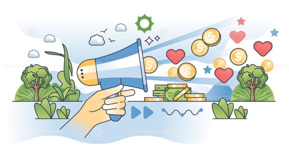 Nonprofit fundraising campaign with money gathering outline hands concept