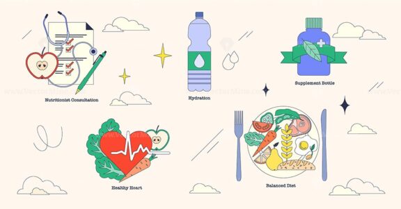 Nutritional therapy concept with a stethoscope, water bottle, supplement bottle, heart with vegetables, and balanced diet plate. Neubrutalism style collection