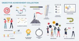 Objective achievement and goal milestone reaching tiny person collection set