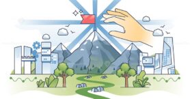 Objective achievement and successful goal reach outline hands concept