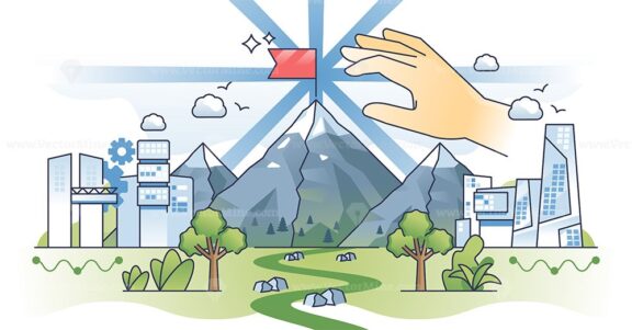 Objective achievement and successful goal reach outline hands concept