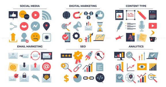 Objects with digital marketing management theme in outline collection set