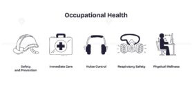 Occupational health focuses on workplace safety, emergency care, noise control, respiratory protection, and ergonomic wellness. Doodle style icons