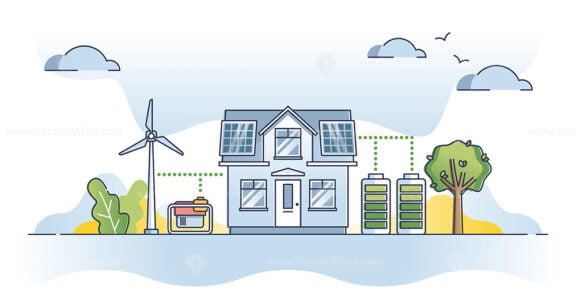 Off the grid lifestyle with independent power source supply outline concept