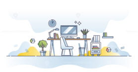 Office workplace with computer, desk or work place stationery outline concept