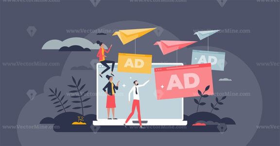 Online advertising and commercial campaign with web ads tiny person concept