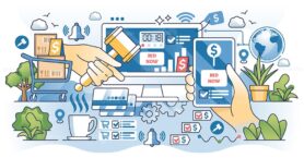 Online auction and digital bid website for purchases outline hands concept